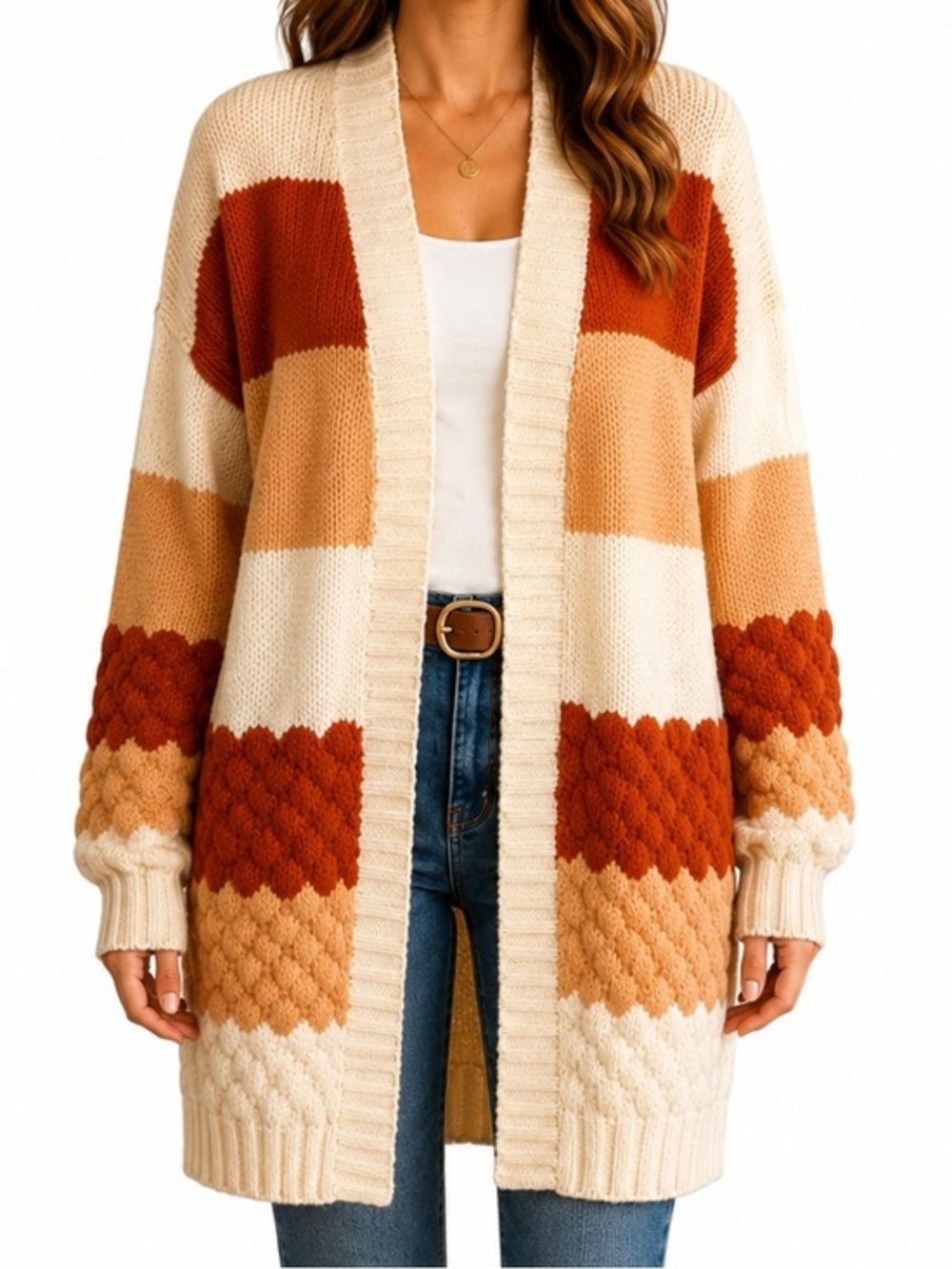 Grace Karin XL Colorblock Long Open Front Cardigan Sweater Boho Duster Cozy